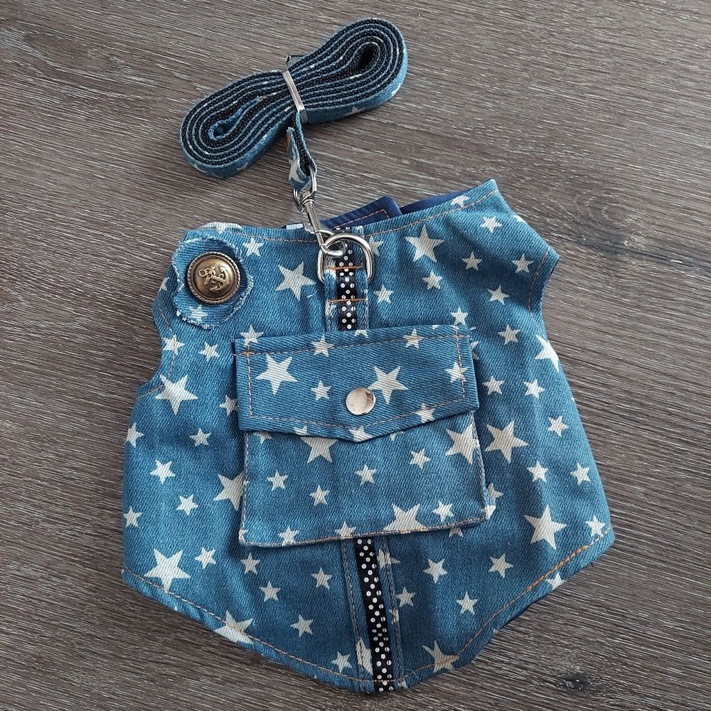Pet Dog Cat Denim Vest w/ Stars Puppy Dog Harness And Leash Set